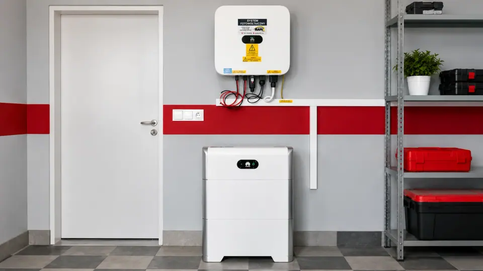 Falownik hybrydowy i magazyn energii w pomieszczeniu technicznym